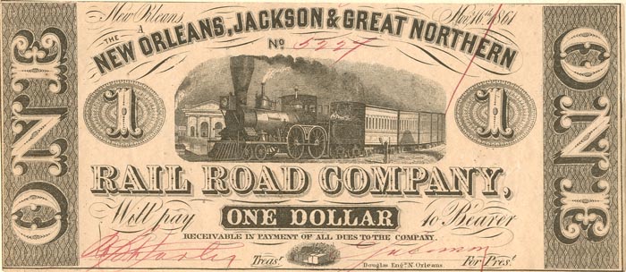 New Orleans, Jackson and Great Northern Railroad Co. - Obsolete Banknote - Paper Money